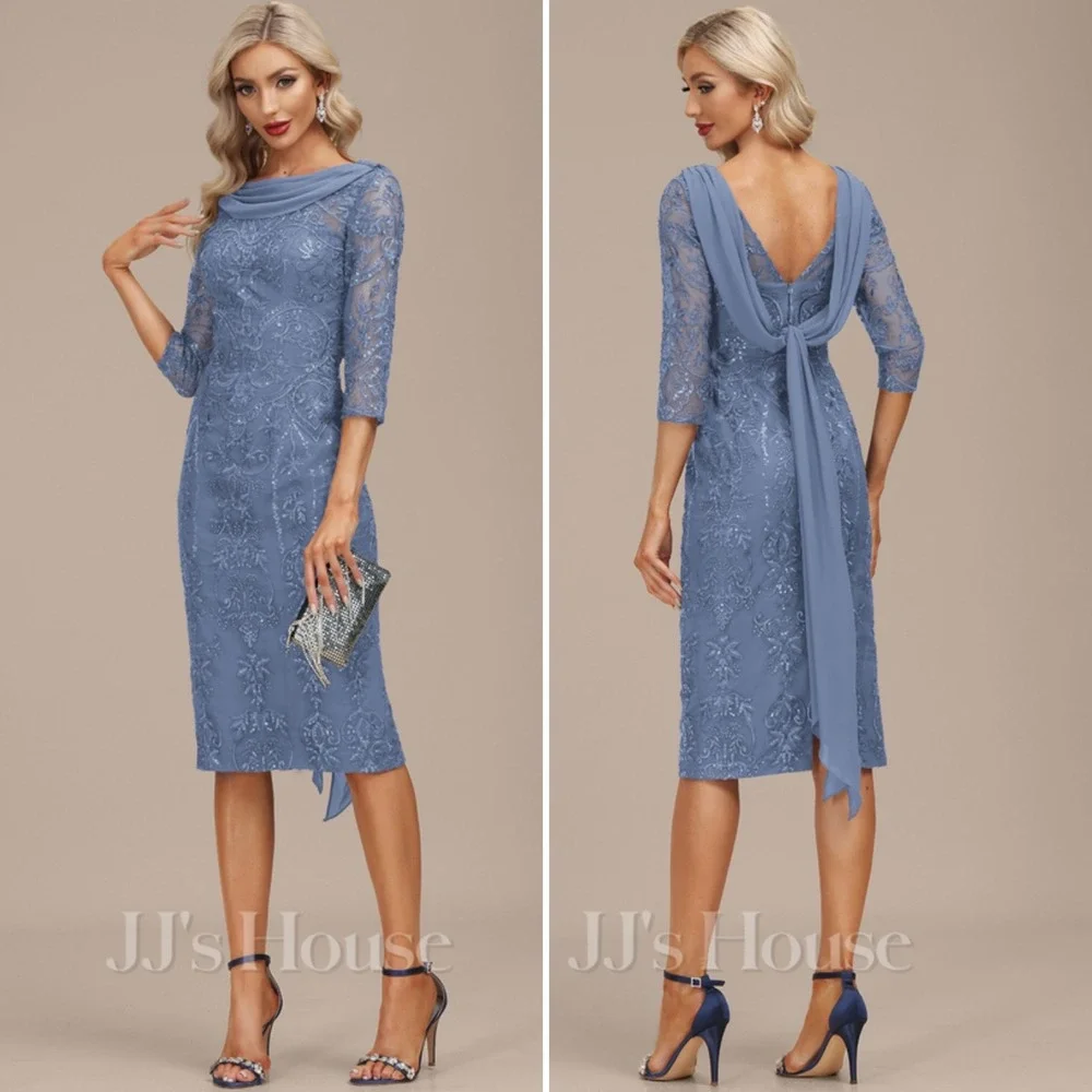NWT JJ's House Jostelle Slate Blue Sequin Sheath Dress Cowl Neck Back Sash 12
